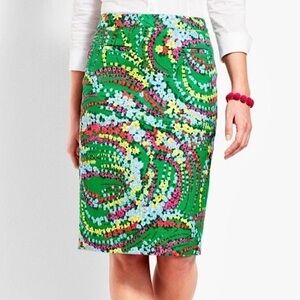 Talbots Bright Green Floral Print Straight Pencil Skirt Stretch Woven Cotton Sz8